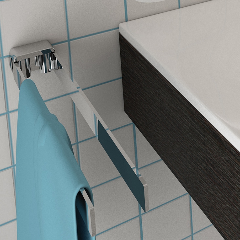 lifestyle image of origins living pirenei chrome double swing towel rail with blue towel hanging on it